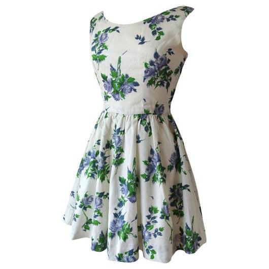 Rose print 1950s teen girls cotton barkcloth summer dress - Vintage Clothing, Vintage Stock, Vintage Dresses, Vintage Shoes UK